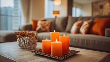 Orange candles on a tray