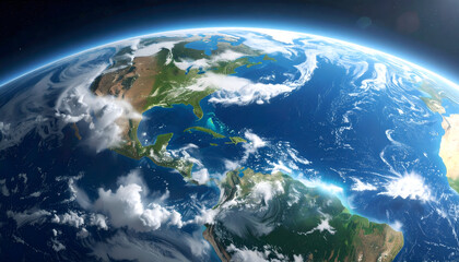 Aerial View of Planet Earth Showing Continents Oceans and Atmospheric Clouds under Sunlight