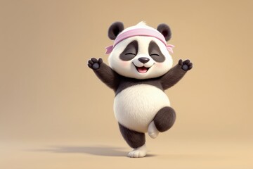 A 3D cartoon panda balancing in yoga pose on one leg, smiling with closed eyes, wearing a tiny sweatband