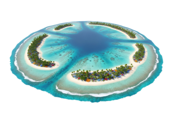 A circular tropical atoll boasts vibrant colorful buildings, lush palm trees, and a tranquil turquoise lagoon.