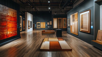 Contemporary art gallery with wooden floor and paintings on walls in elegant exhibition interior view