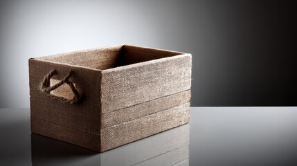 Empty wooden storage box on white reflective surface in simple product mockup photography setup scene
