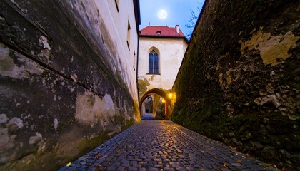 Narrow Cobblestone Street Illuminated by Moon and Warm Light