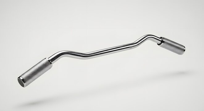 Curved Barbell on Display: A detailed image of a shiny, polished barbell designed for weightlifting. It showcases its unique curved shape and ergonomic design.