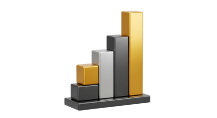 3D Render of Rising Bar Graph with Metallic Finish on Black Background Demonstrating Business Growth and Financial Success