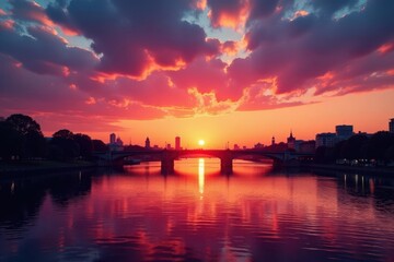 Silhouetted Thames Barrier against vibrant sunset sky , landscape, darkness, infrastructure