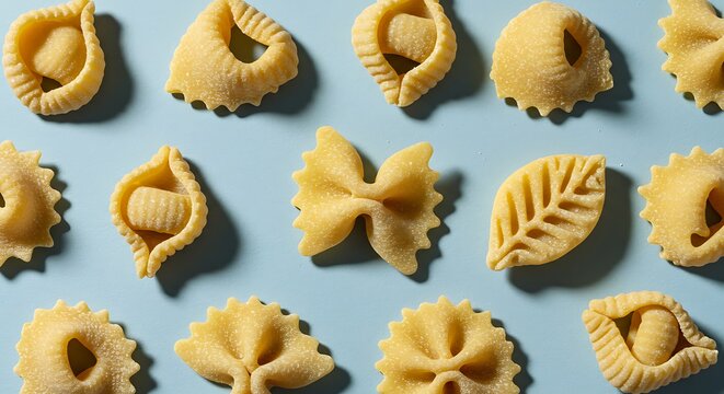 Farfalloni Pasta Pattern High-Angle Close-Up of Italian Butterfly Pasta on Light Blue Background
