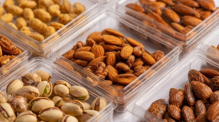 Transparent plastic boxes filled with nuts and dried fruit in retail food packaging and storage concept