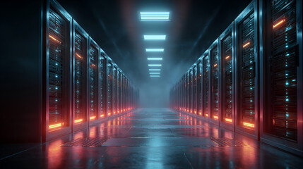 Cyberpunk Server Room: Futuristic Data Center Corridor with Neon Lighting and Foggy Atmosphere.