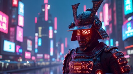 Fototapeta premium Futuristic Cyber Samurai Warrior in Neon Lit Cityscape at Night