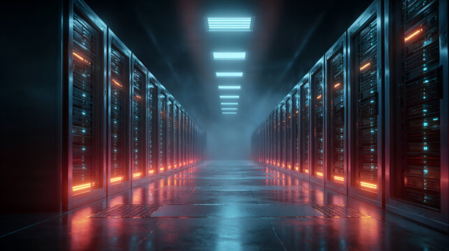 Cyberpunk Server Room: Futuristic Data Center Corridor with Neon Lighting and Foggy Atmosphere.