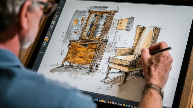 Expert designer sketching detailed furniture designs in a bright studio environment during the day