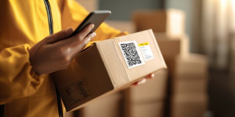 Person using smartphone to scan QR code on package in indoor storage area during daylight hours