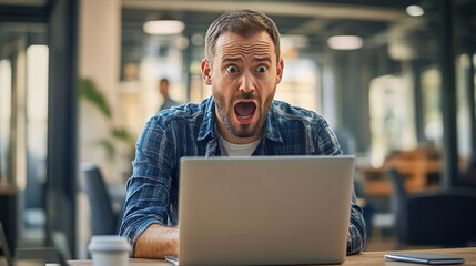 Obraz premium A young, shocked man wearing a blue shirt is using a laptop in an office