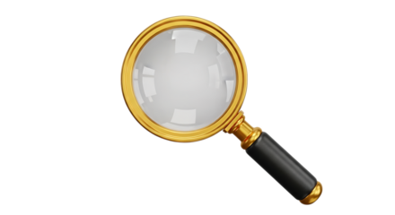 Golden framed magnifying glass isolated on black background symbolizing search discovery investigation and exploration opportunities with copy space for text and design