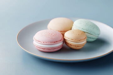 Fototapeta premium Ultra realistic commercial product photo of (Many Macaron), placed on (Pastel background), (Dramatic spotlight), minimal composition with large empty space for advertising