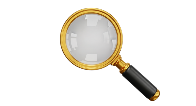 Golden framed magnifying glass isolated on black background symbolizing search discovery investigation and exploration opportunities with copy space for text and design