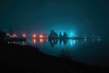 Fototapeta premium Misty lake at night, illuminated by city lights