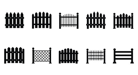 Collection of Black and White Wooden Fence and Gate Silhouettes