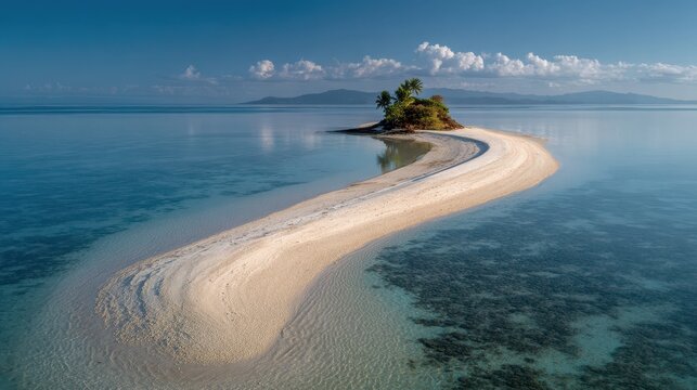 Island retreat Sandbar stretches out; mountains rise from the calm sea background - Powered by Adobe
