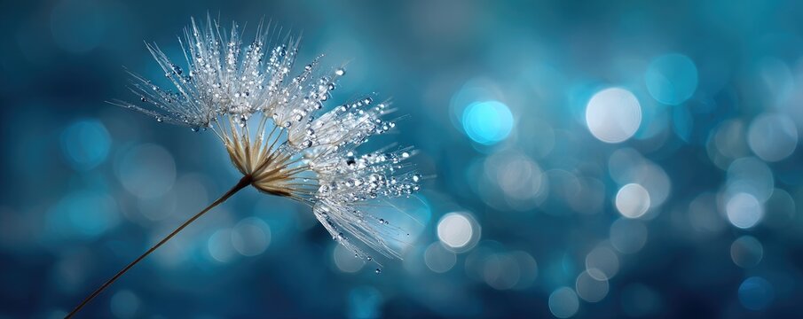 Delicate dandelion seed head with water droplets, soft teal bokeh background