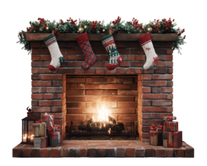 Vintage Brick Christmas Fireplace with Retro Ornaments, Isolated on Transparent Background PNG.