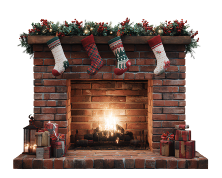  Vintage Brick Christmas Fireplace with Retro Ornaments, Isolated on Transparent Background PNG.