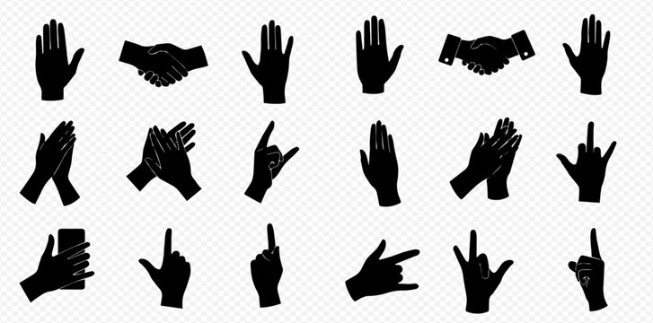 A collection of black silhouette icons depicting various human hand gestures, including shaking, clapping, pointing, and holding a phone.