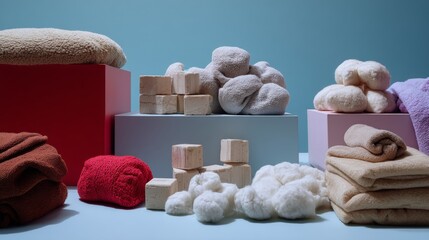 Soft folded towels and cotton arranged on colored blocks for spa wellness photography and skincare hygiene product concept