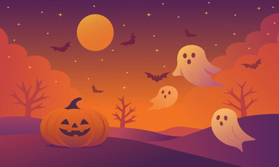 Halloween Night Illustration with Pumpkin, Ghosts and Bats in Spooky Landscape – Vector Design