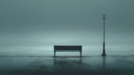 Empty bench and lamppost on a misty shoreline.