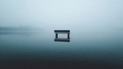 A solitary park bench reflects in a still lake shrouded in mist.
