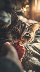 feeding a cat from your hand, soft focus on animal’s face