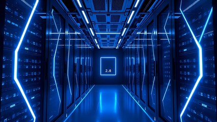 Futuristic server room corridor illuminated by blue LED lights, creating geometric light trails.