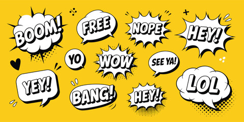 Comic-style speech bubbles with phrases like “BOOM!”, “FREE”, “NOPE”, and “LOL” on yellow background – dynamic pop-art design with bold text