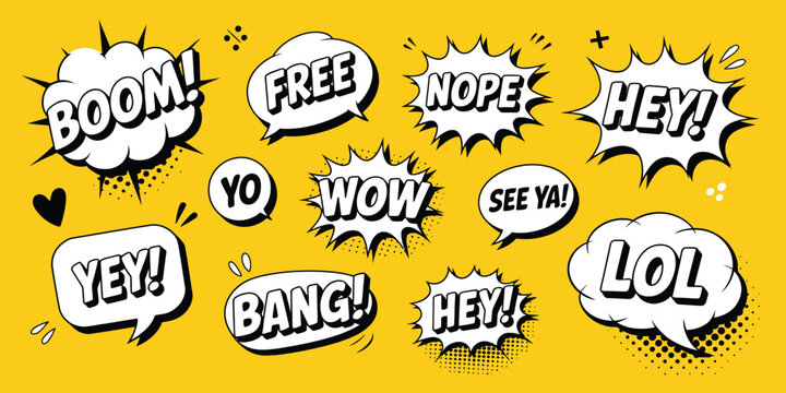 Comic-style speech bubbles with phrases like &ldquo;BOOM!&rdquo;, &ldquo;FREE&rdquo;, &ldquo;NOPE&rdquo;, and &ldquo;LOL&rdquo; on yellow background &ndash; dynamic pop-art design with bold text