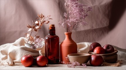 Essential oils and flowers with ceramic on pink fabric for romantic spa product branding and wellness natural photography lifestyle background