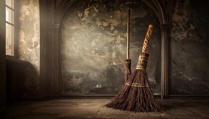 Rustic Brooms Resting in Dimly Lit Grunge Interior Room