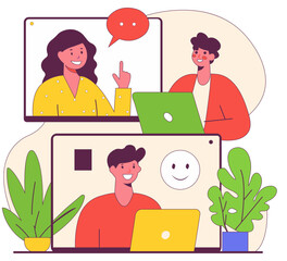 Flat Vector Design of Employees Working Both Remotely and In-Office With Modern Office Background