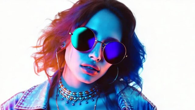 A woman wearing trendy sunglasses and a statement necklace, ideal for editorial or fashion use