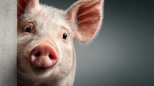 Piglet peeks around a corner with curious expression in a modern setting
