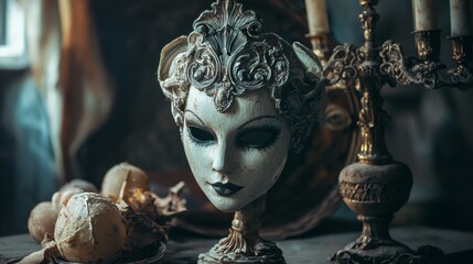 Vintage baroque mask with skull and candle setup for theatrical dark fantasy photography and gothic product branding composition design