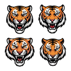 Set of four stylized tiger head illustrations with varied expressions – fierce wildlife art showcasing aggression, majesty, and bold design