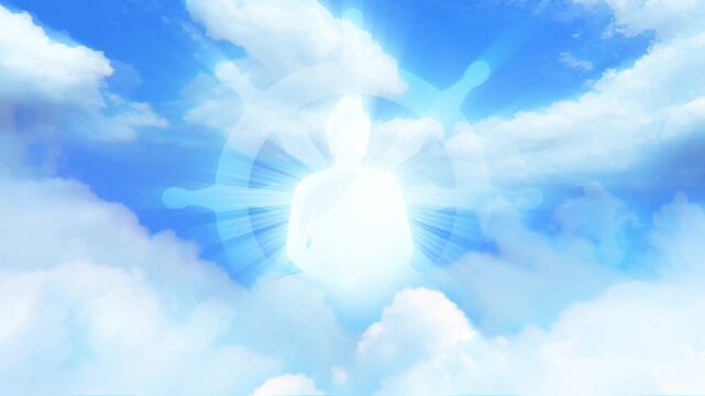 Motion graphic of a radiant Buddha silhouette glowing in heavenly clouds, surrounded by bright rays and the Dharma wheel.