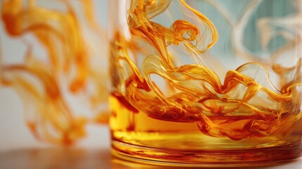 Bright orange liquid swirling in clear glass with dynamic splashes and vibrant flowing movement