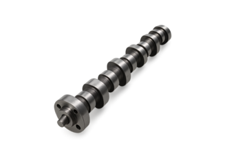 Close up of a metal camshaft with multiple lobes and a mounting flange showcasing intricate mechanical engineering for automotive engine components isolated on transparent background