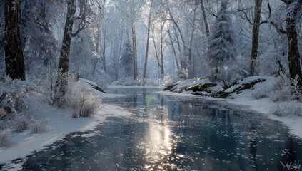 Winter forest scene with icy stream