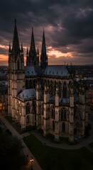 Obraz premium Gothic cathedral at twilight, moody clouds and detailed stonework