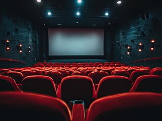 Fototapeta premium Empty movie theater interior with red seats and a blank screen