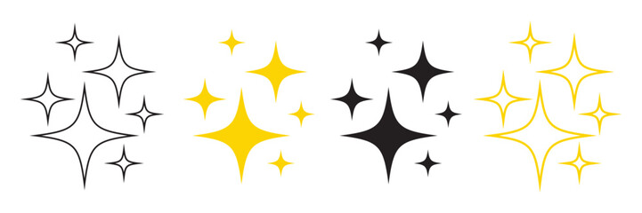 Set of Clean shining icons. Sparkle Sign. Star icons. Twinkling stars. Sparkles, shining burst. sparkle silhouette. Star emojis. Twinkle star shapes vector design. Bright firework, decoration twinkle.